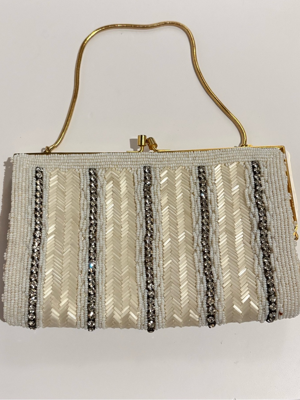 Vintage LaRegale White Beaded Evening Clutch with Rhinestone Stripes